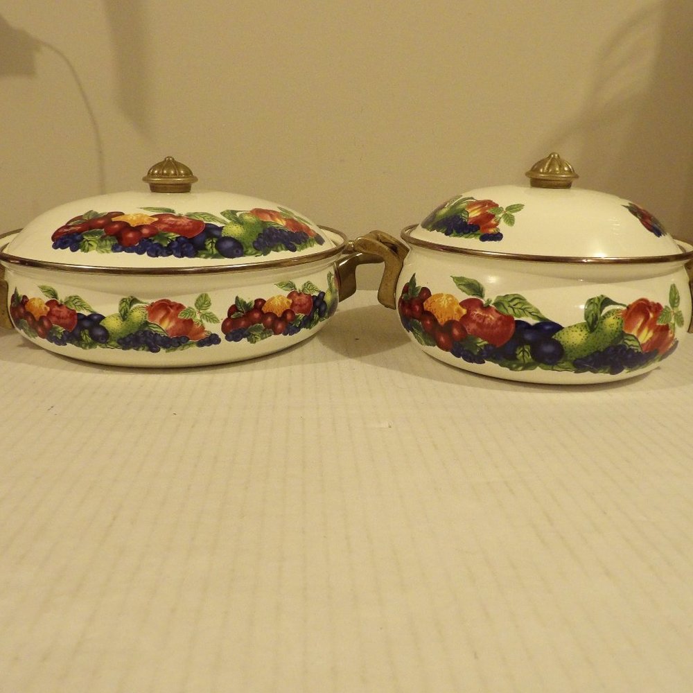 +Vintage Lincoware Royale Orchard Enamel Oven Pots Brass Handles Lot of 2